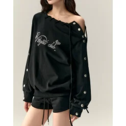Via Pitti Nail Button Off-Shoulder Loose Sweat Top Black