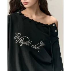 Via Pitti Nail Button Off-Shoulder Loose Sweat Top Black