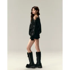Via Pitti Nail Button Off-Shoulder Loose Sweat Top Black