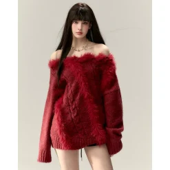 Via Pitti Off Shoulder Fur Integrated Knit Sweater Red