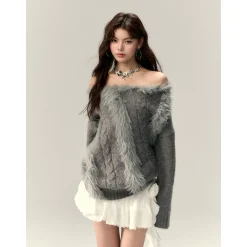 Via Pitti Off Shoulder Fur Integrated Knit Sweater Gray