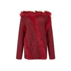 Via Pitti Off Shoulder Fur Integrated Knit Sweater Red
