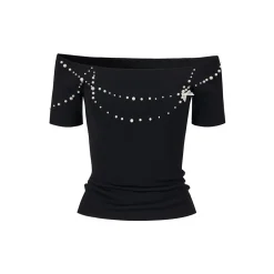 Via Pitti Pearl Bow-Knot Off Shoulder Knit Top Black