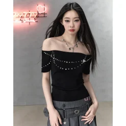 Via Pitti Pearl Bow-Knot Off Shoulder Knit Top Black