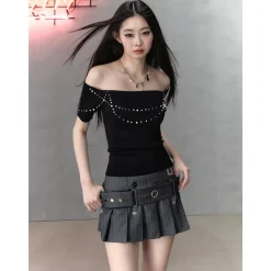 Via Pitti Pearl Bow-Knot Off Shoulder Knit Top Black