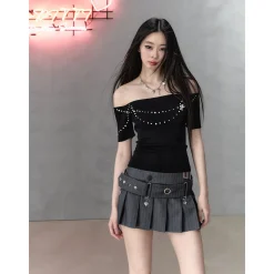 Via Pitti Pearl Bow-Knot Off Shoulder Knit Top Black