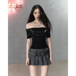 Via Pitti Pearl Bow-Knot Off Shoulder Knit Top Black