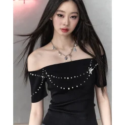 Via Pitti Pearl Bow-Knot Off Shoulder Knit Top Black