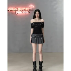 Via Pitti Pearl Bow-Knot Off Shoulder Knit Top Black
