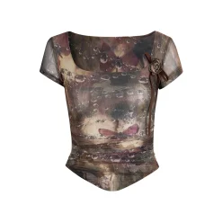 Via Pitti Plaid Rose Gauze Versatile T-Shirt Brown