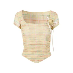 Via Pitti Plaid Rose Gauze Versatile T-Shirt Yellow
