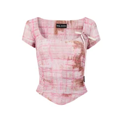 Via Pitti Plaid Rose Gauze Versatile T-Shirt Pink