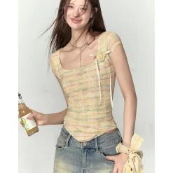 Via Pitti Plaid Rose Gauze Versatile T-Shirt Yellow