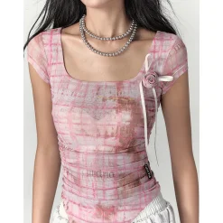 Via Pitti Plaid Rose Gauze Versatile T-Shirt Pink