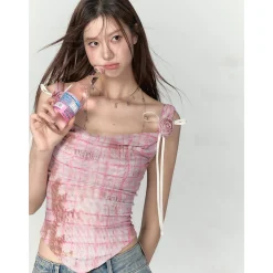 Via Pitti Plaid Rose Gauze Slip Vest Pink