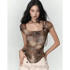 Via Pitti Plaid Rose Gauze Versatile T-Shirt Brown