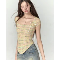 Via Pitti Plaid Rose Gauze Versatile T-Shirt Yellow
