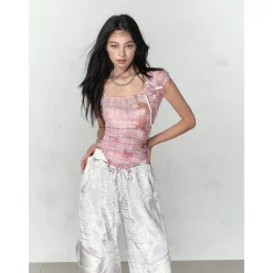 Via Pitti Plaid Rose Gauze Versatile T-Shirt Pink