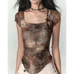 Via Pitti Plaid Rose Gauze Versatile T-Shirt Brown