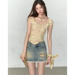 Via Pitti Plaid Rose Gauze Versatile T-Shirt Yellow