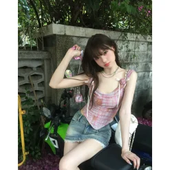 Via Pitti Plaid Rose Gauze Slip Vest Pink