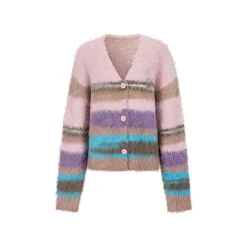 Via Pitti Pulled Fur Colored Striped Knit Cardigan Pink