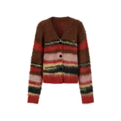 Via Pitti Pulled Fur Colored Striped Knit Cardigan Brown