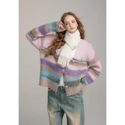 Via Pitti Pulled Fur Colored Striped Knit Cardigan Pink