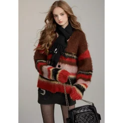 Via Pitti Pulled Fur Colored Striped Knit Cardigan Brown