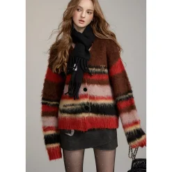 Via Pitti Pulled Fur Colored Striped Knit Cardigan Brown