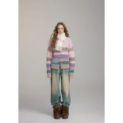 Via Pitti Pulled Fur Colored Striped Knit Cardigan Pink
