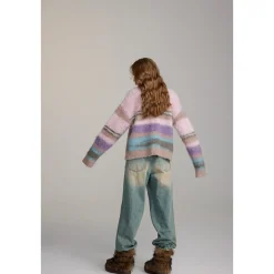 Via Pitti Pulled Fur Colored Striped Knit Cardigan Pink