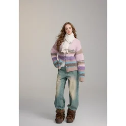 Via Pitti Pulled Fur Colored Striped Knit Cardigan Pink