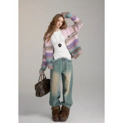 Via Pitti Pulled Fur Colored Striped Knit Cardigan Pink