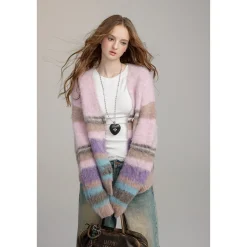 Via Pitti Pulled Fur Colored Striped Knit Cardigan Pink