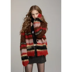 Via Pitti Pulled Fur Colored Striped Knit Cardigan Brown