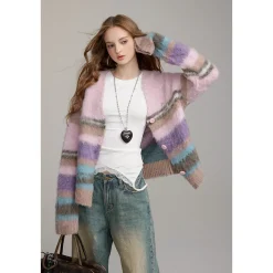 Via Pitti Pulled Fur Colored Striped Knit Cardigan Pink