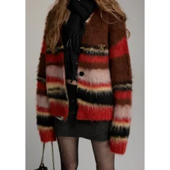 Via Pitti Pulled Fur Colored Striped Knit Cardigan Brown