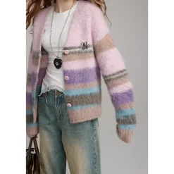 Via Pitti Pulled Fur Colored Striped Knit Cardigan Pink
