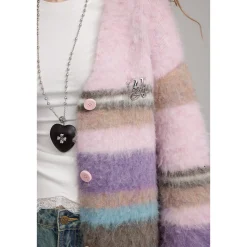 Via Pitti Pulled Fur Colored Striped Knit Cardigan Pink