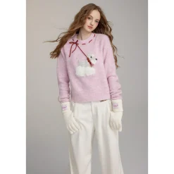 Via Pitti Puppy Tie Fluffy Knit Sweater Pink
