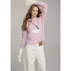 Via Pitti Puppy Tie Fluffy Knit Sweater Pink