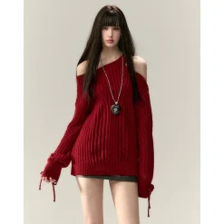 Via Pitti Rose Bow Irregular Collar Two-Way Sweater Red