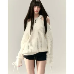 Via Pitti Rose Bow Irregular Collar Two-Way Sweater White