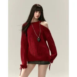 Via Pitti Rose Bow Irregular Collar Two-Way Sweater Red
