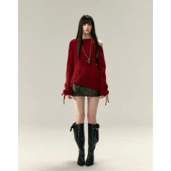 Via Pitti Rose Bow Irregular Collar Two-Way Sweater Red