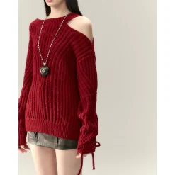 Via Pitti Rose Bow Irregular Collar Two-Way Sweater Red