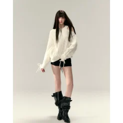 Via Pitti Rose Bow Irregular Collar Two-Way Sweater White