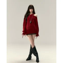Via Pitti Rose Bow Irregular Collar Two-Way Sweater Red