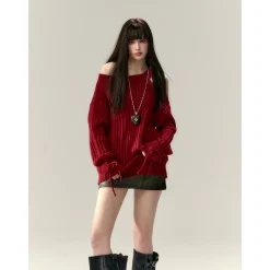 Via Pitti Rose Bow Irregular Collar Two-Way Sweater Red